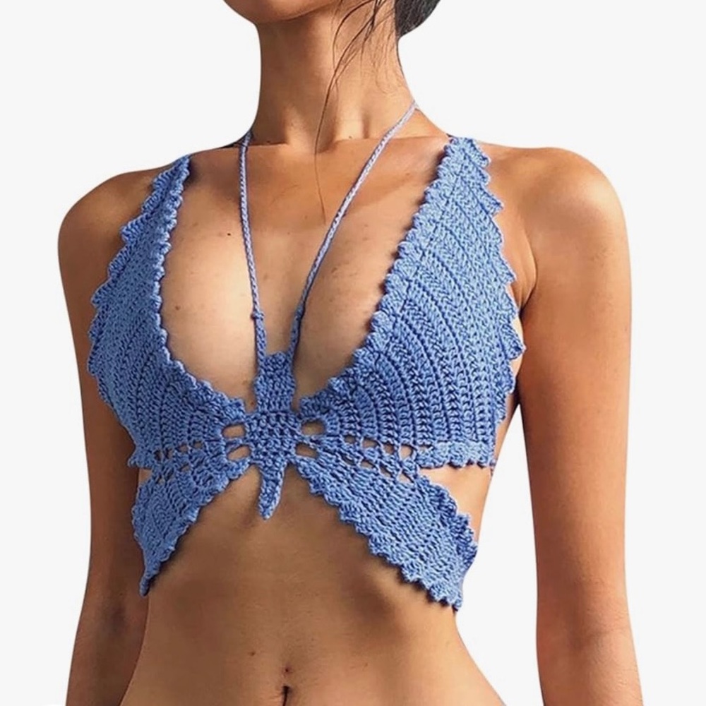 NEW Crochet Crop Top Halter Butterfly Shape Knit Bandage Lace Up